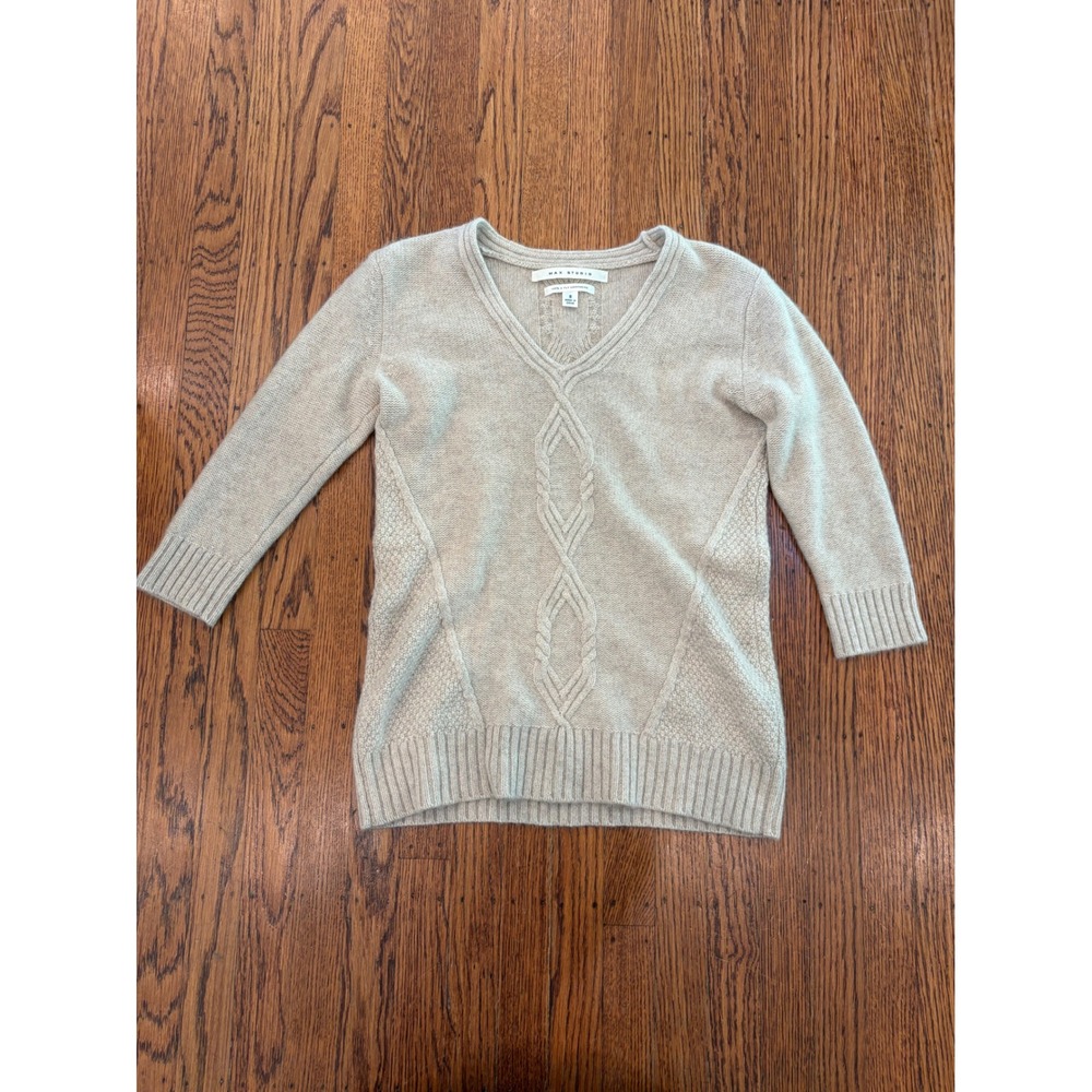 Max Studio 100% Cashmere Cable Knit Sweater Oatmeal Beige V Neck Small